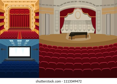 Theater stage with curtains entertainment spotlights theatrical scene interior old opera performance background vector illustration.