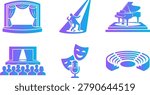 Theater stage curtains open performance area singer spotlight audience microphone masks award trophy amphitheater seats.
