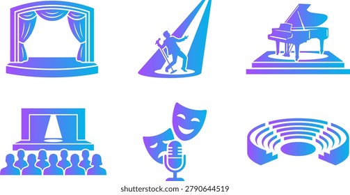 Theater stage curtains open performance area singer spotlight audience microphone masks award trophy amphitheater seats.