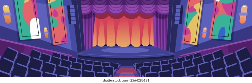 Theater stage empty auditorium colorful abstract decor vibrant curtains seats interior design performance space