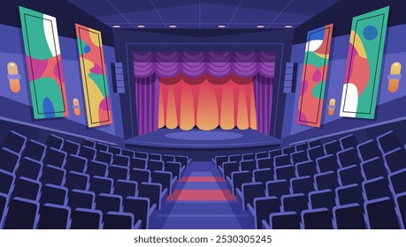 Theater stage with empty seats colorful posters. Interior of a theater with a stage and curtains surrounded by empty chairs and vibrant wall posters