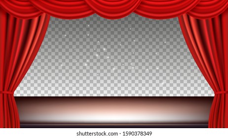 Theater stage. Festive background audience movie opera light with red silk curtains. Vector realistic curtains and stage isolated ontransparent background