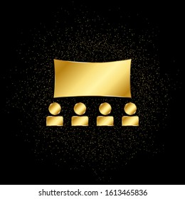 teatro, icono del oro escénico. Ilustración vectorial del fondo de partículas doradas.