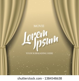 Theater stage with golden heavy curtain and golden text with stars.