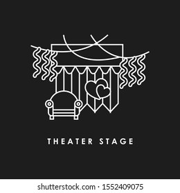 
Theater stage icon with shadow, and set of theater icons - masks, theater, stage, cinema, ballet, ticket, hand with microphone. Vector