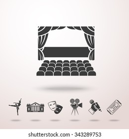 Theater stage icon with shadow, and set of theater icons - masks, theater, stage, cinema, ballet, ticket, hand with microphone. Vector