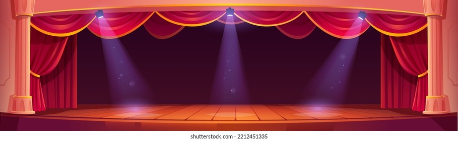 Theater stage interior with red curtains, spotlights, wooden floor and white columns. Empty theatre scene for concert, drama, opera or performance, vector cartoon illustration