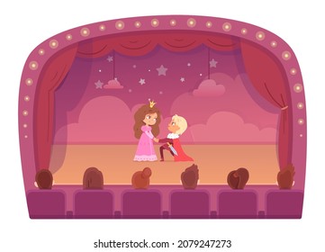 Theater Stage With Kids Prince And Princess, Love Drama Show Performance Vector Illustration. Cartoon Actor School Children Characters In Cute Costume Perform Dramatic Scene In Theatre Background