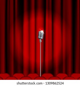 Theater stage  with microphone and red curtain. Clipping Mask. Mesh.
