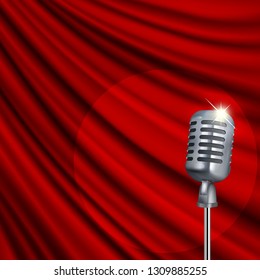 Theater stage  with microphone and red curtain. Clipping Mask. Mesh.