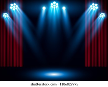 Theater stage on red curtain with spotlight. Vector background