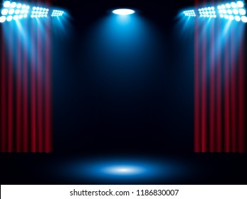 Theater stage on red curtain with spotlight. Vector background