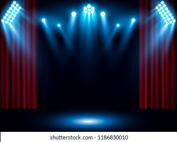 Theater stage on red curtain with spotlight. Vector background