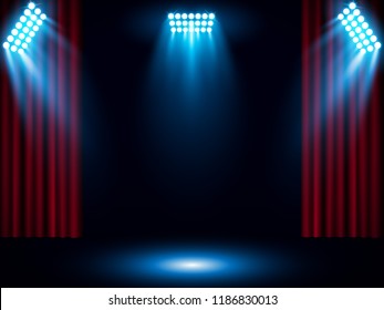 Theater stage on red curtain with spotlight. Vector background