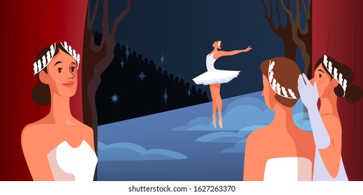 Theater stage with open red curtains. Ballet dancer perform wearing a tutu and pointe shoes. Backstage view. Ballerinas in costumes. Isolated flat vector illustration