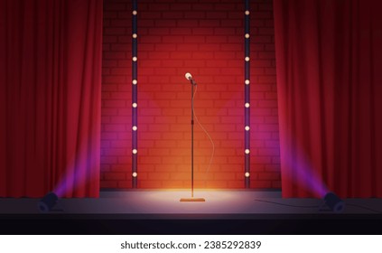 Theater stage with open red curtains, microphone and spotlight vector illustration. Cartoon empty theatre scene with classic cloth decor for comedy stand up show or karaoke, concert luxury event