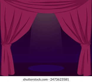 Escenario de teatro con cortinas de terciopelo rojo abierto y un dosel en la parte superior. Espectáculo nocturno. Lujoso escenario de ópera con cortina drapeada. Ilustración vectorial.