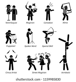 Theater Stage Performers, Entertainers, Artists, And Live Acts. Pictograms Depict Ventriloquist, Magician, Comedian, Mime, Puppeteer, Spoken Word, Circus, Street Magician, And Acrobatic Skills. 