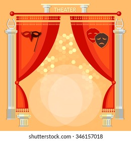 Theater stage with red curtain columns and masks vector illustration   