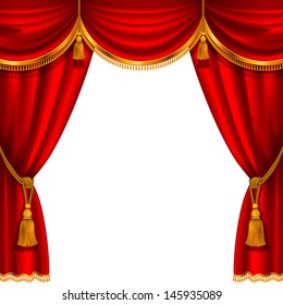 Theater stage with red curtain. Detailed vector illustration.