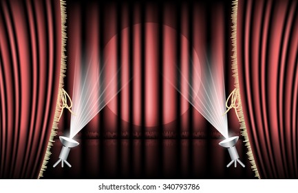 Theater stage with red curtain, gold hem and spotlights. Vector illustration.