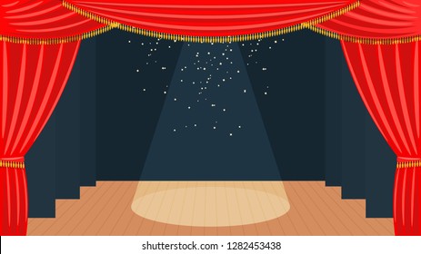 Theater stage with a red curtain, golden fringe and a spotlight and wooden floor. Theatrical art. Vector stock illustration