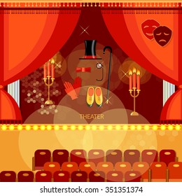 Theater stage with red curtain hall, vector illustration. 