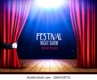 A theater stage with a red curtain and hand. Festival night show poster. Vector. 