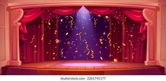 Theater stage with red curtain, light and confetti vector cartoon background. Spotlight on retro scene podium illustration. Theatre wide game design with glitter sparkle. Vintage showtime banner.