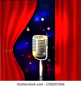 Theater stage with red curtain and microphone. Vector illustration.