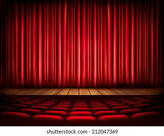 A theater stage with a red curtain, seats. Vector. 