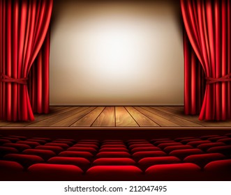 A theater stage with a red curtain, seats. Vector. 