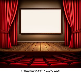 A theater stage with a red curtain, seats and a project board. Vector. 