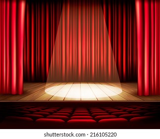 A theater stage with a red curtain, seats and a spotlight. Vector.