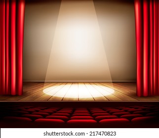 A Theater Stage With A Red Curtain, Seats And A Spotlight. Vector.