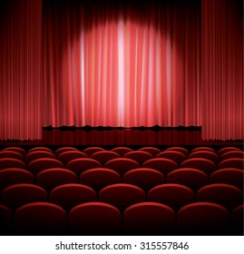 Theater stage with red curtain and spot light, vector illustration