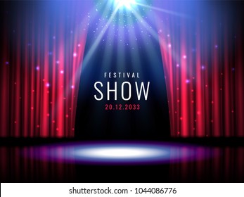 Theater stage with red curtain and spotlight Vector festive template with lights and scene. Poster design for concert, theater, party, dance, event, show. Illumination and scenery decoration.