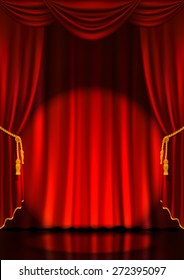 Theater Stage With Red Curtain And Spotlight. Vector Illustration.