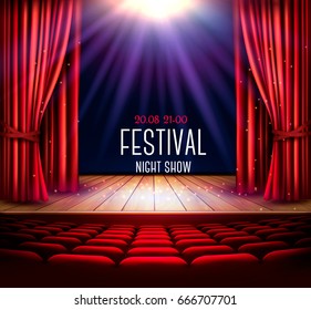 A theater stage with a red curtain and a spotlight. Festival night show poster. Vector. 