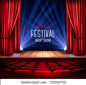A theater stage with a red curtain and a spotlight. Festival Night Show poster. Vector. 