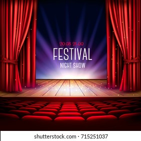 A theater stage with a red curtain and a spotlight. Festival night show background. Vector. 