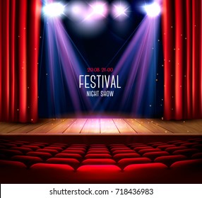 A theater stage with a red curtain and a spotlight. Festival night show background. Vector. 