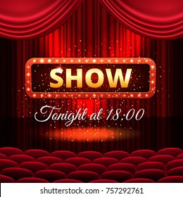 A theater stage with a red curtain and a spotlight with golden sparkles. Festival or show poster, invitation concert banner Vector stock illustration. EPS 10