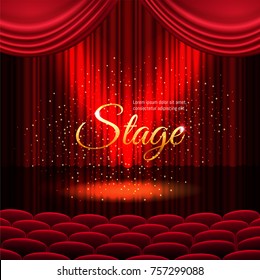 A theater stage with a red curtain and a spotlight with golden sparkles. Festival or show poster, invitation concert banner Vector stock illustration. EPS 10