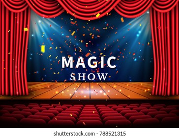 A theater stage with a red curtain and a spotlight and wooden floor. Magic Show poster. Vector.