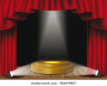 Theater stage with red curtain and spotlights.