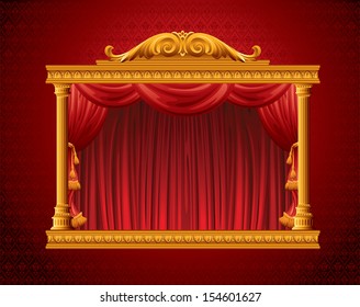 Theater stage with red curtain. Vector illustration