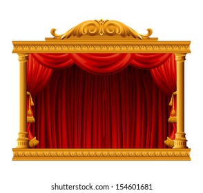 Theater stage with red curtain. Vector illustration