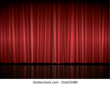 Theater stage with red curtain, vector illustration