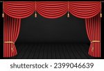 Theater stage with red curtain and wooden floor. Vector illustration.